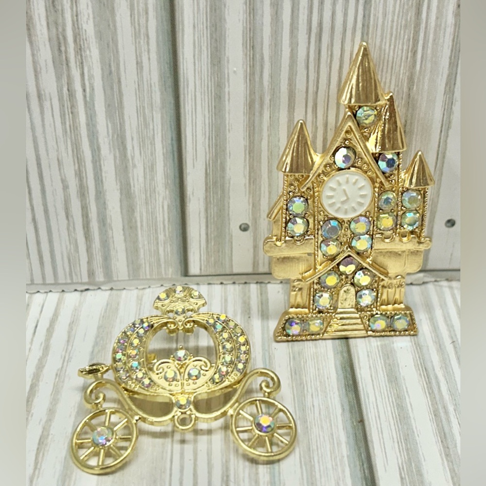 Golden Bell Clock Castle Pumpkin Carriage Brooch Pin Fashion Jewelry Set of 2